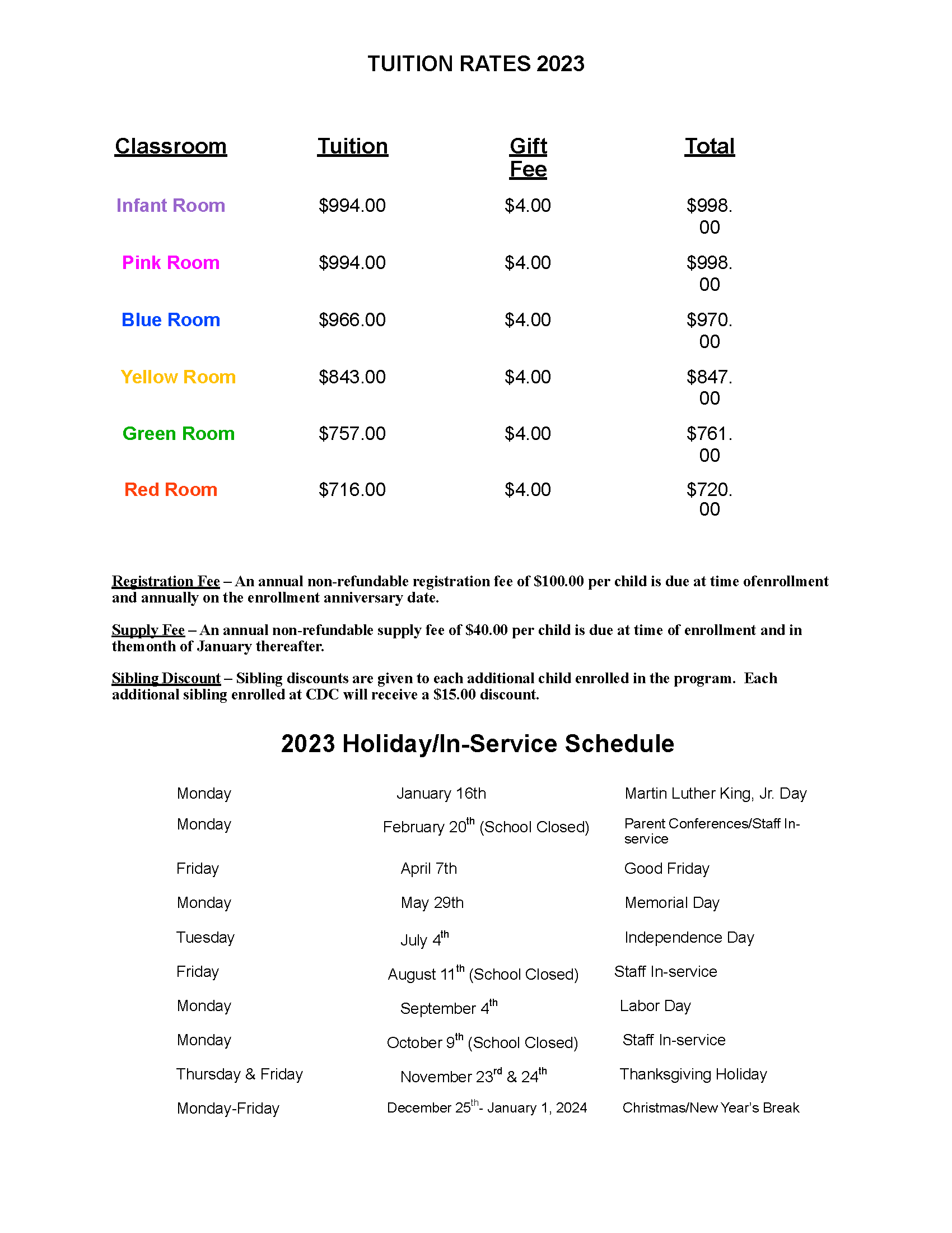 Fee Structure Washington Street United Methodist Church